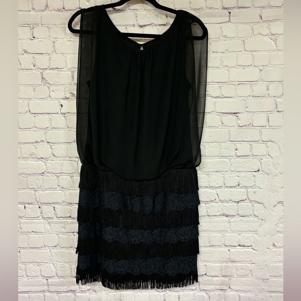 Aidan Black Chiffon Blouson Stretch Lace Fringe Whimsigoth Coquette Mini Dress 8